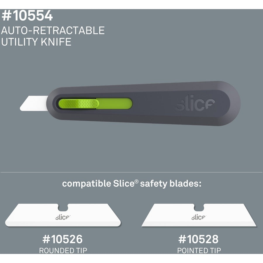 Slice Auto Retract Utility Knife - Ceramic Blade - Retractable, Non-sparking, Non-conductive, Rust-free Blade, Durable, Ambidextrous, Comfortable - Glass-filled Nylon, Stainless Steel, Zirconia, Carbon Steel - Gray, Green - 6.1" Length - 1 Each