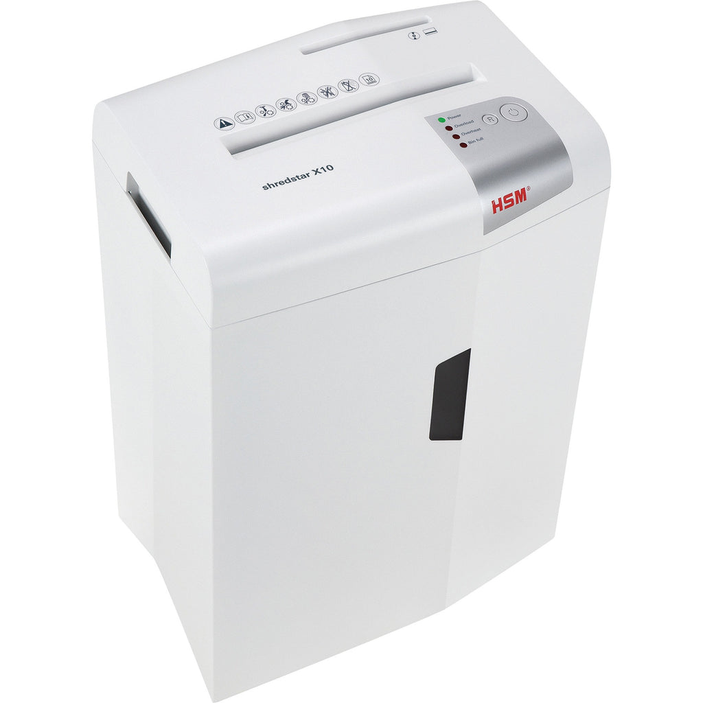HSM shredstar X10 - 3/16" x 1 1/8" + Sep. CD Cutting Unit - Particle Cut - 10 Per Pass - for shredding CD, DVD, Paper, Staples, Paper Clip, Credit Card - 0.188" x 1.125" Shred Size - P-4/O-1/T-2/E-2/F-1 - 8.66" Throat - 5.30 gal Wastebin Capacity - W