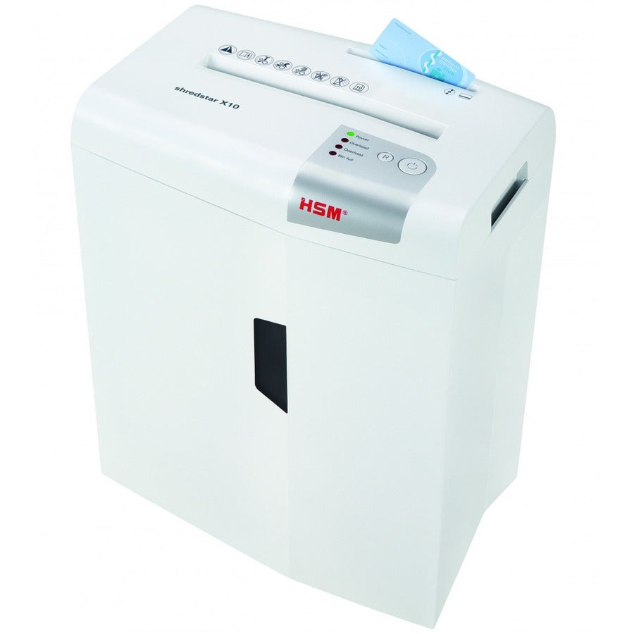 HSM shredstar X10 - 3/16" x 1 1/8" + Sep. CD Cutting Unit - Particle Cut - 10 Per Pass - for shredding CD, DVD, Paper, Staples, Paper Clip, Credit Card - 0.188" x 1.125" Shred Size - P-4/O-1/T-2/E-2/F-1 - 8.66" Throat - 5.30 gal Wastebin Capacity - W