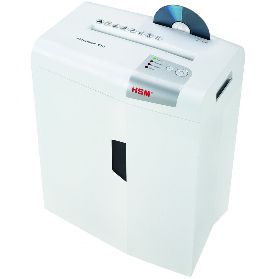 HSM shredstar X10 - 3/16" x 1 1/8" + Sep. CD Cutting Unit - Particle Cut - 10 Per Pass - for shredding CD, DVD, Paper, Staples, Paper Clip, Credit Card - 0.188" x 1.125" Shred Size - P-4/O-1/T-2/E-2/F-1 - 8.66" Throat - 5.30 gal Wastebin Capacity - W