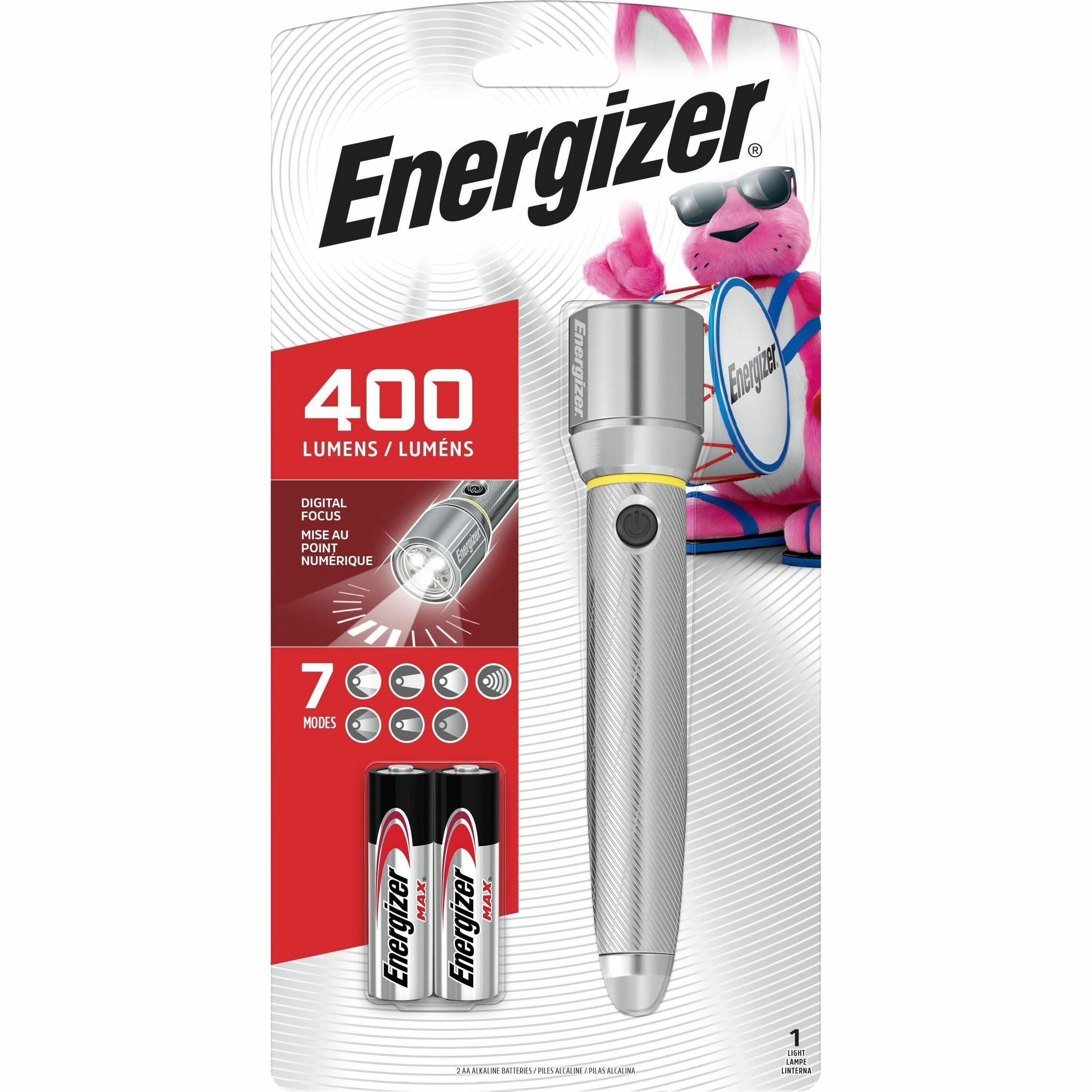 Energizer Vision HD Performance Metal Flashlight with Digital Focus - LED - 400 lm Lumen - 2 x AA - Battery - Metal - Water Resistant - Chrome