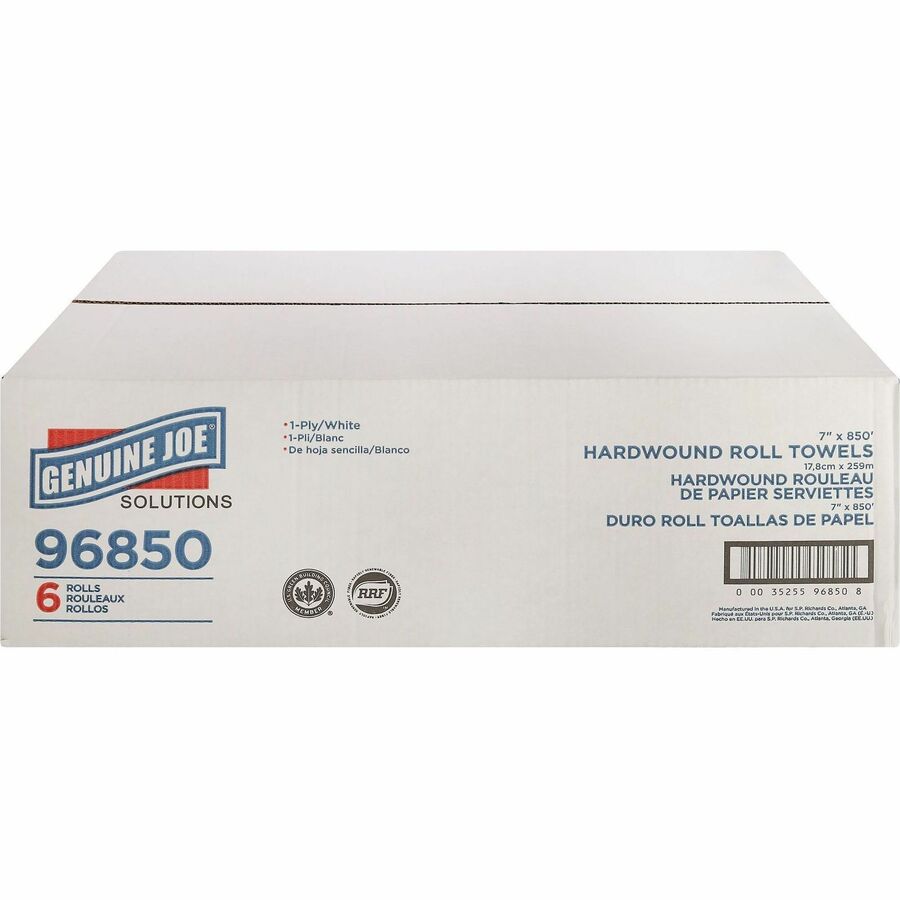 Genuine Joe Solutions Hardwound Paper Towels - 1 Ply - 7" x 850 ft - White - Embossed, Absorbent - 390 / Pallet
