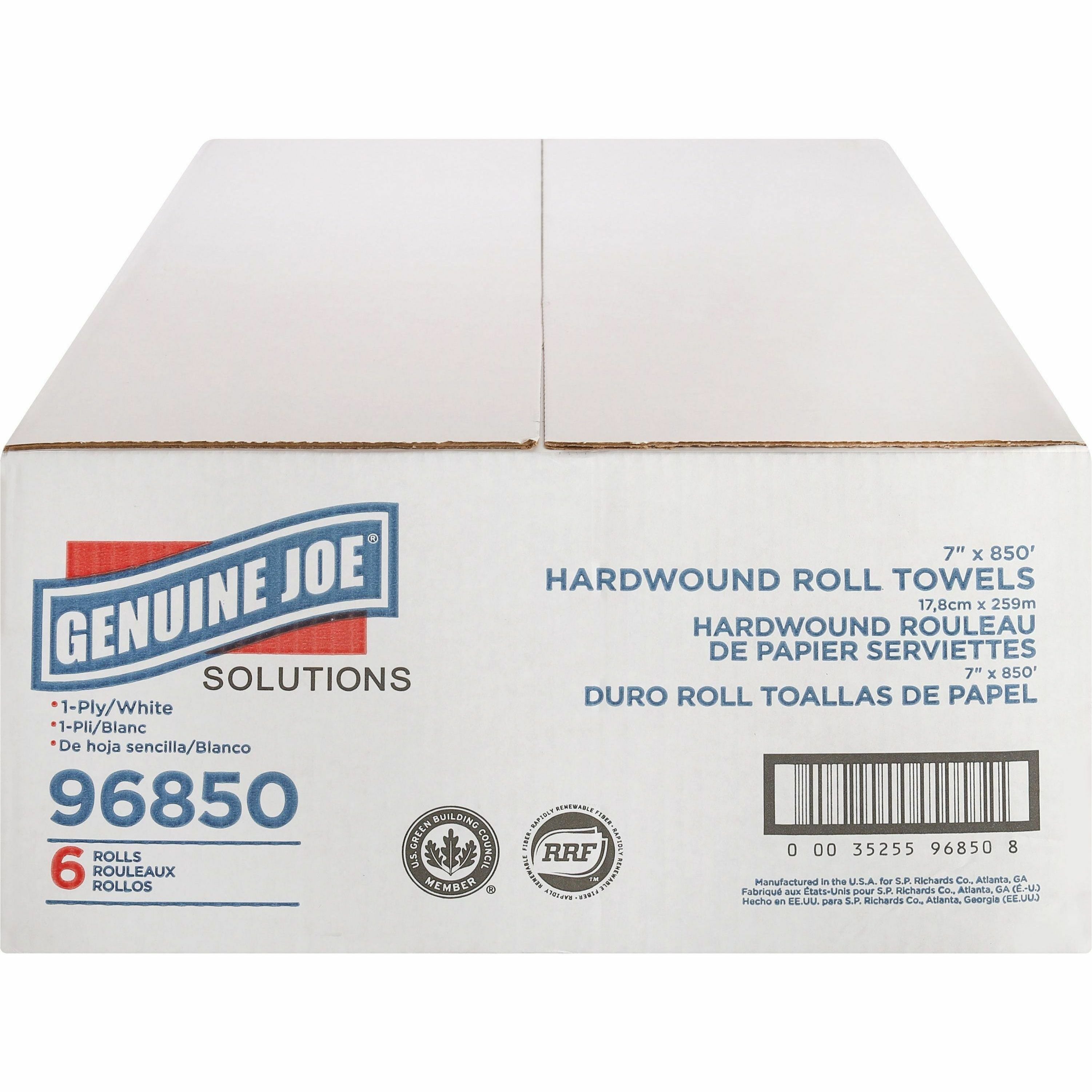Genuine Joe Solutions Hardwound Paper Towels - 1 Ply - 7" x 850 ft - White - Embossed, Absorbent - 390 / Pallet - 4