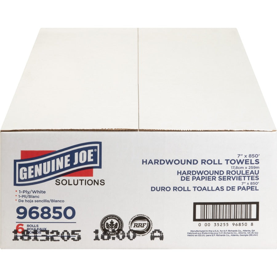 Genuine Joe Solutions Hardwound Paper Towels - 1 Ply - 7" x 850 ft - White - Embossed, Absorbent - 390 / Pallet