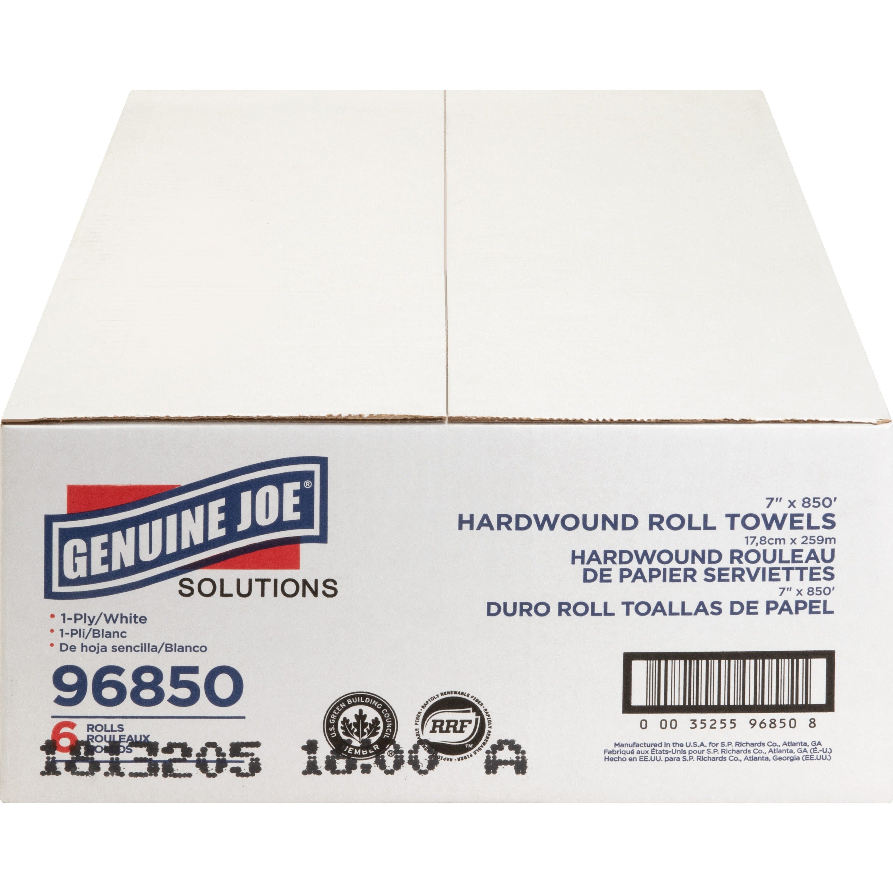Genuine Joe Solutions Hardwound Paper Towels - 1 Ply - 7" x 850 ft - White - Embossed, Absorbent - 390 / Pallet - 3