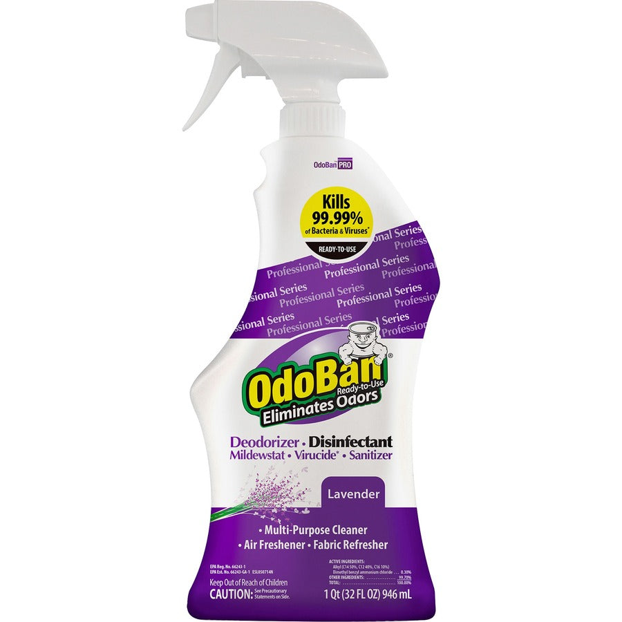 OdoBan Lavender Deodorizer Disinfectant Spray - Ready-To-Use - 32 fl oz (1 quart) - Lavender Scent - 12 / Carton - Deodorize, Disinfectant, Residue-free - Purple - 2