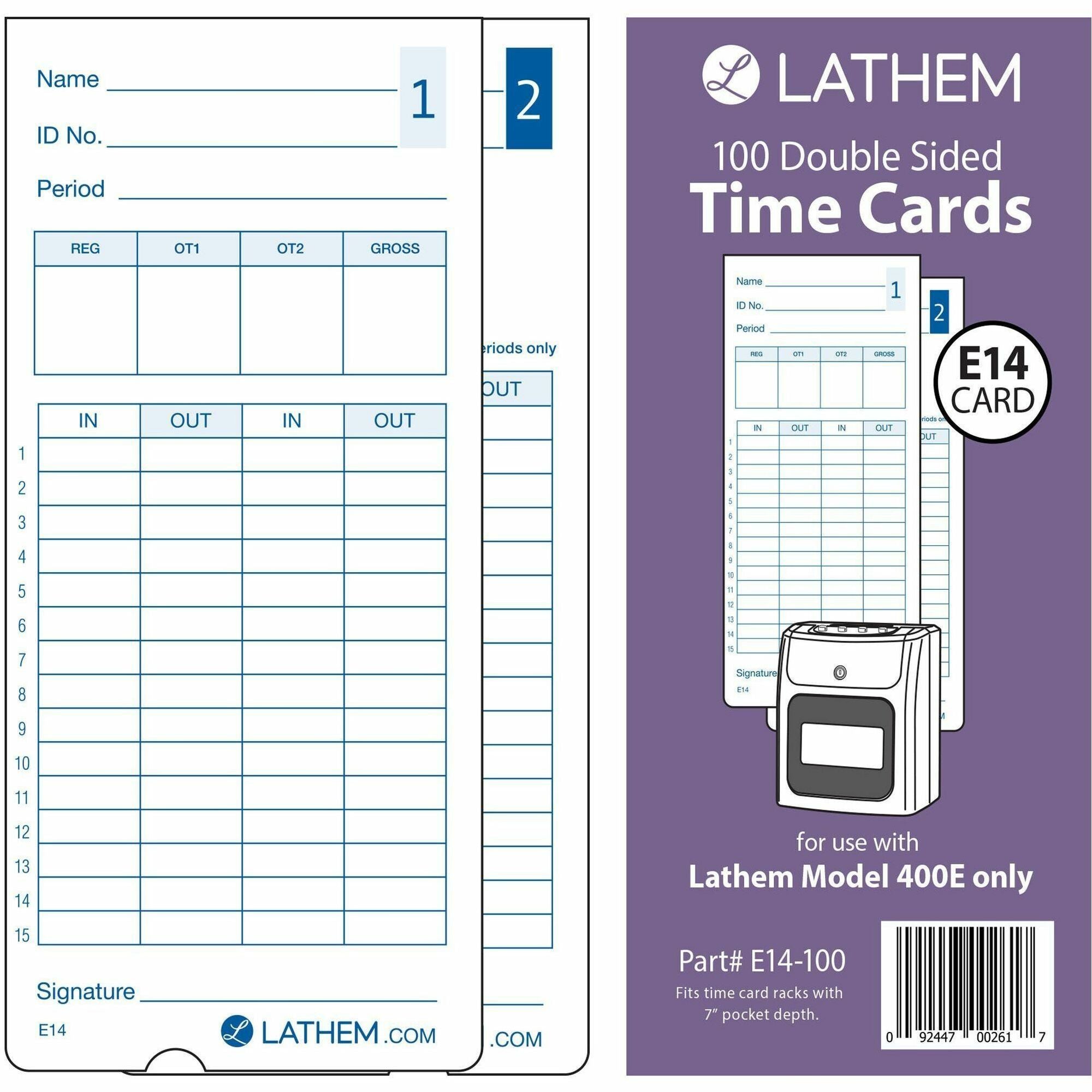 Time Clock Cards for Lathem Time 400E, Two Sides, 3 x 7, 100/Pack