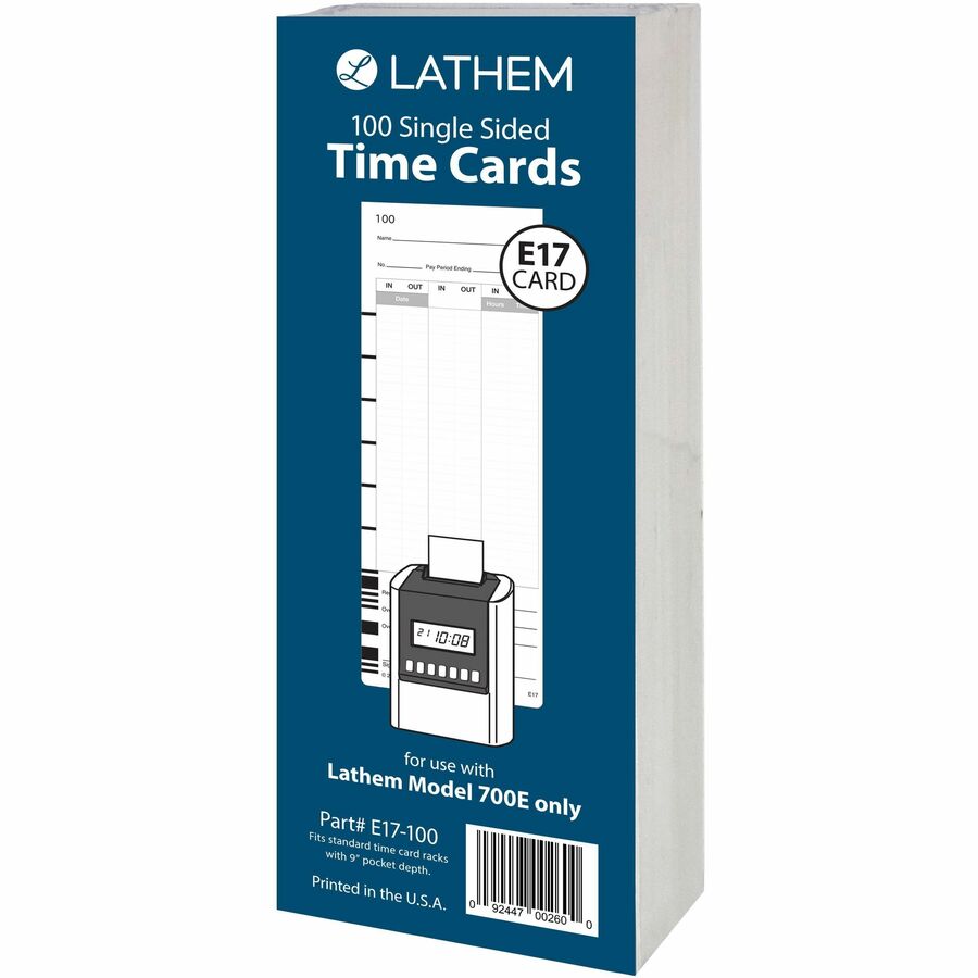 Time Clock Cards for Lathem Time 700E, One Side, 3.5 x 9, 100/Pack