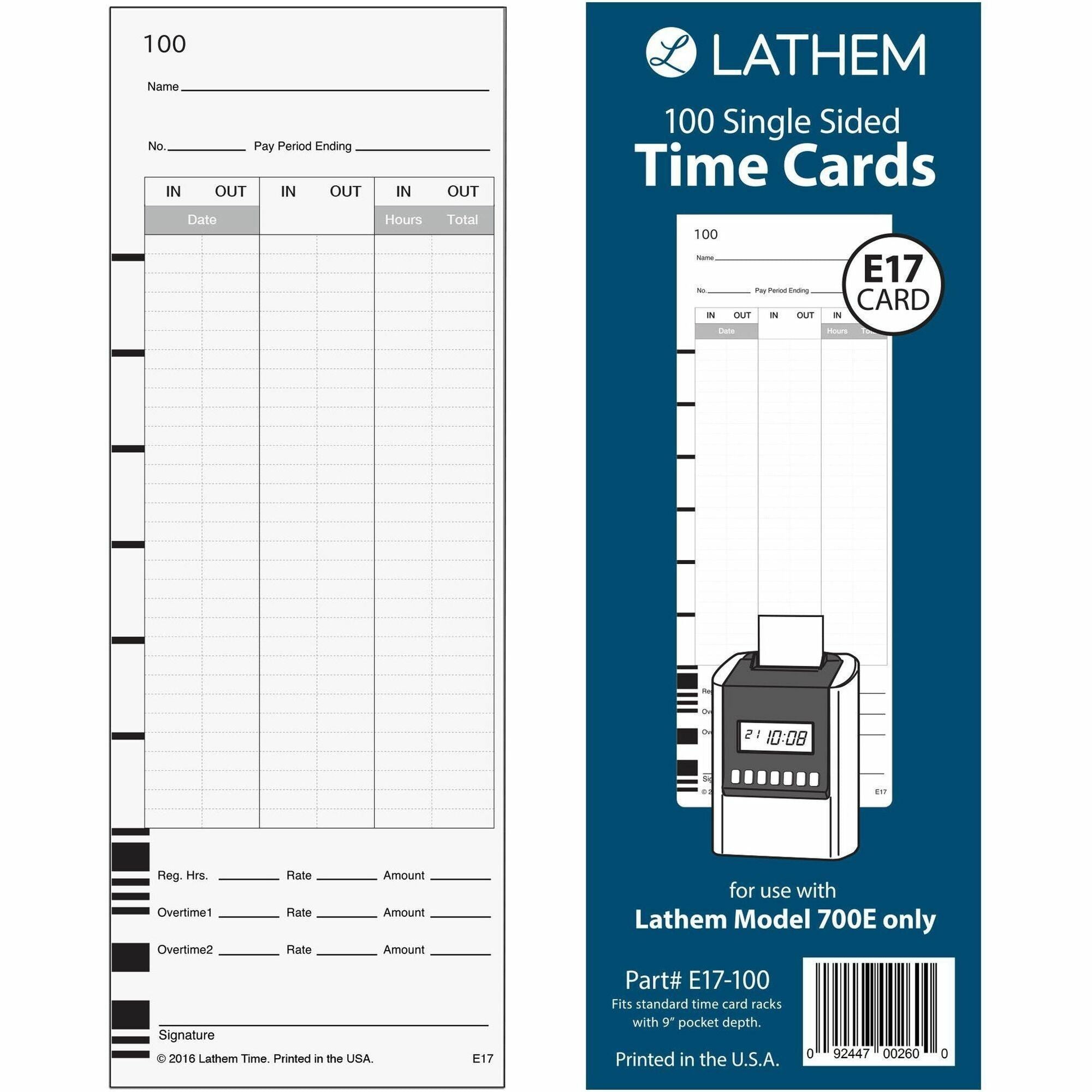 Time Clock Cards for Lathem Time 700E, One Side, 3.5 x 9, 100/Pack