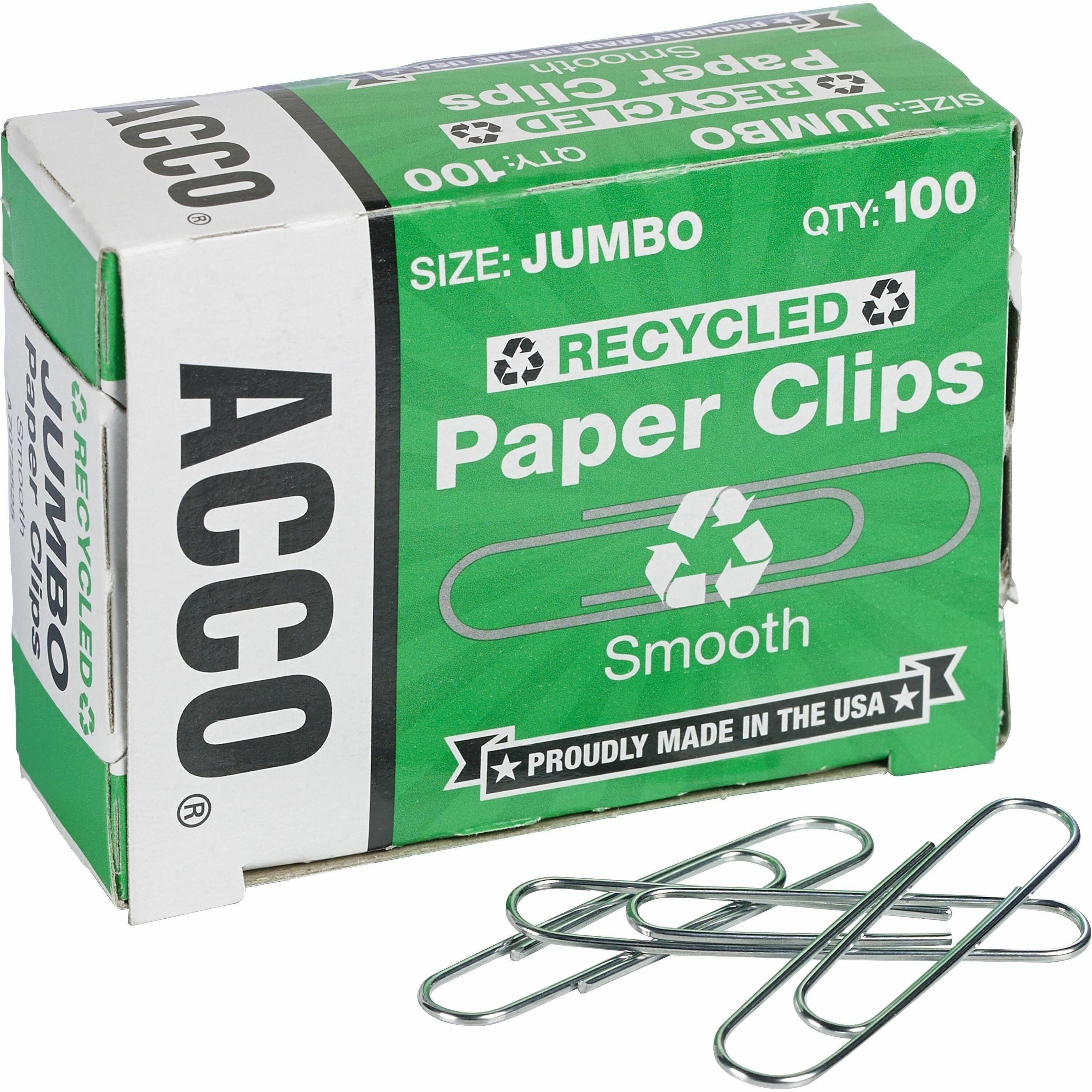 ACCO Recycled Paper Clips - Jumbo - 1.6" Length - 20 Sheet Capacity - for Paper - Reusable, Durable - 1000 / Pack - Silver - 1