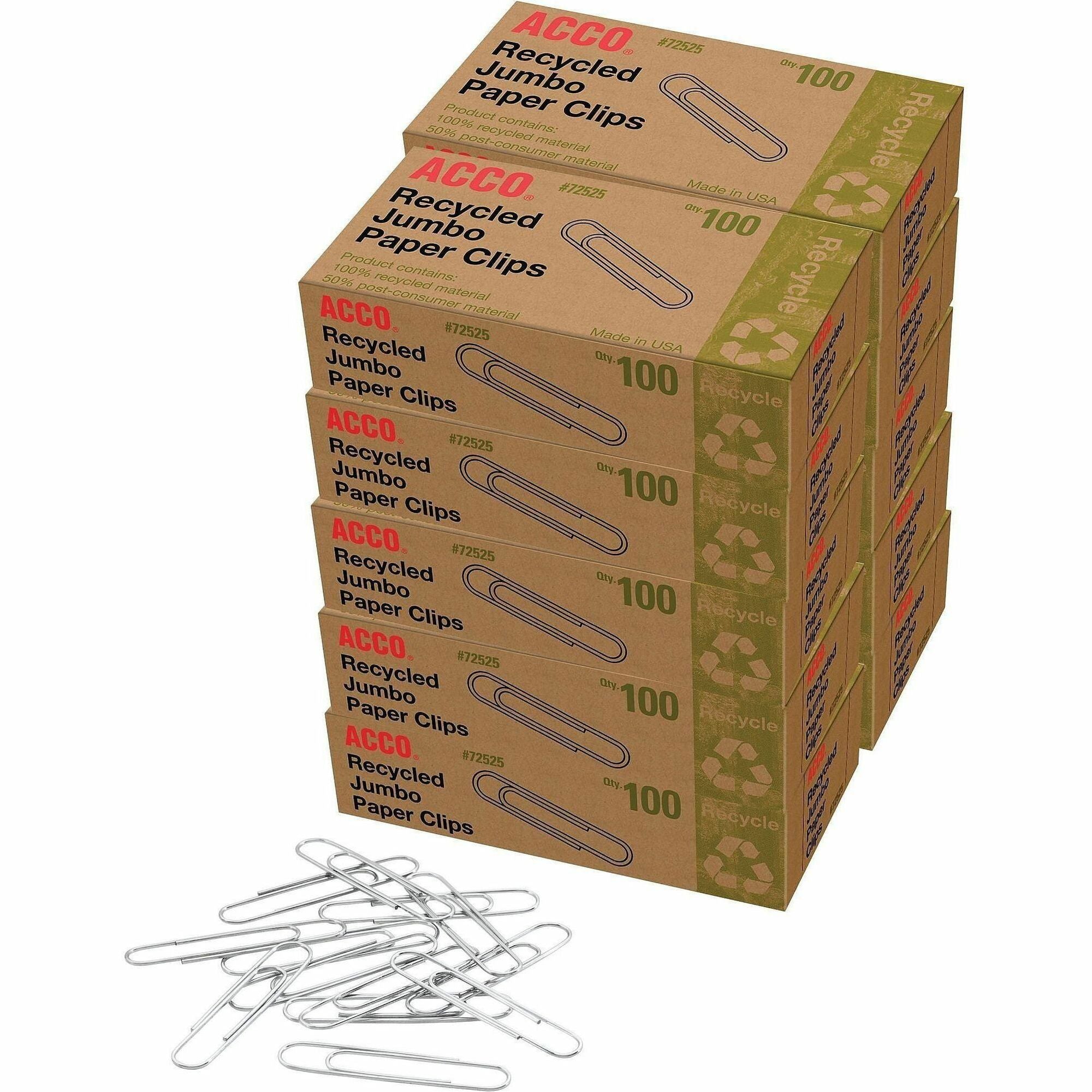 ACCO Recycled Paper Clips - Jumbo - 1.6" Length - 20 Sheet Capacity - for Paper - Reusable, Durable - 1000 / Pack - Silver
