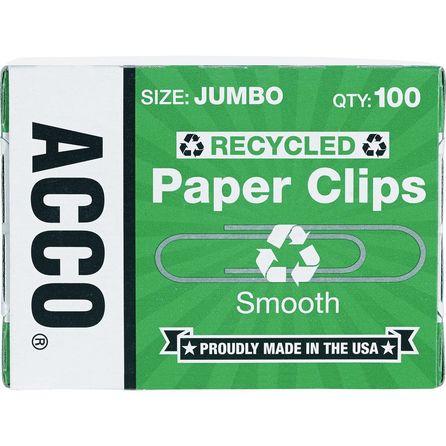 ACCO Recycled Paper Clips - Jumbo - 1.6" Length - 20 Sheet Capacity - for Paper - Reusable, Durable - 1000 / Pack - Silver - 2