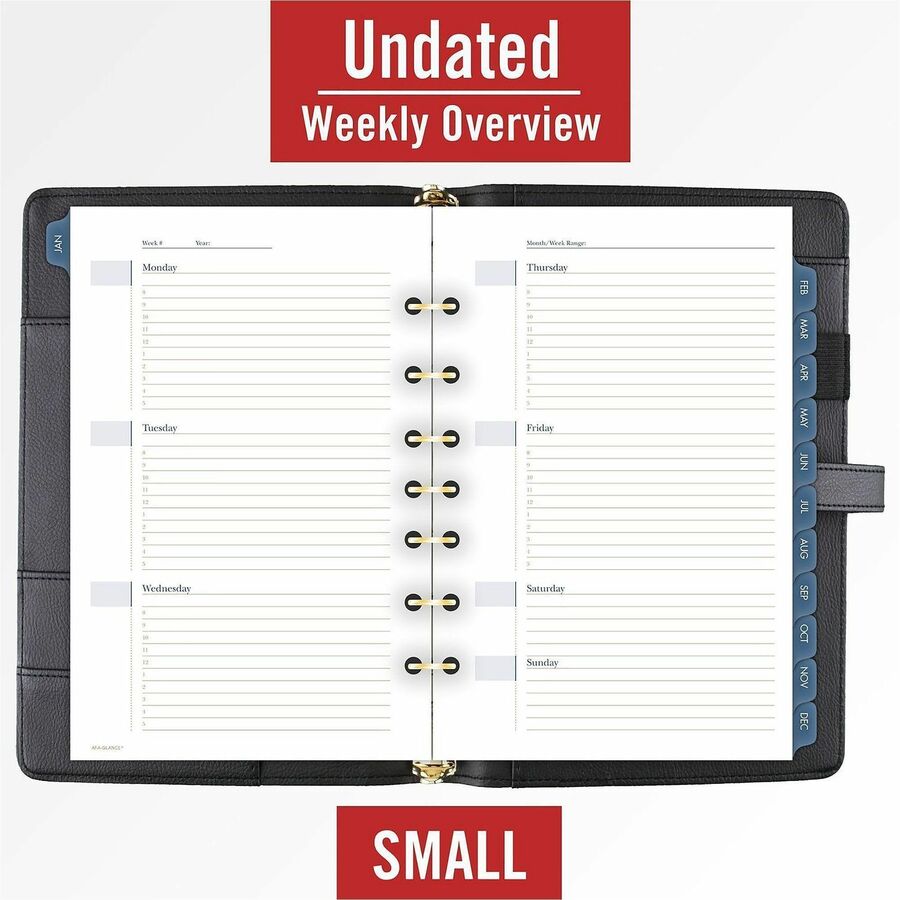 At-A-Glance Buckle Closure Undated Desk Start Set - Julian Dates - Weekly, Monthly - 8:00 AM to 5:00 PM - 1 Month, 1 Week Double Page Layout - 5 1/2" x 8 1/2" Sheet Size - 7-ring - Buckle Closure - Desk - Black - Faux Leather - Reference Calendar, Ta