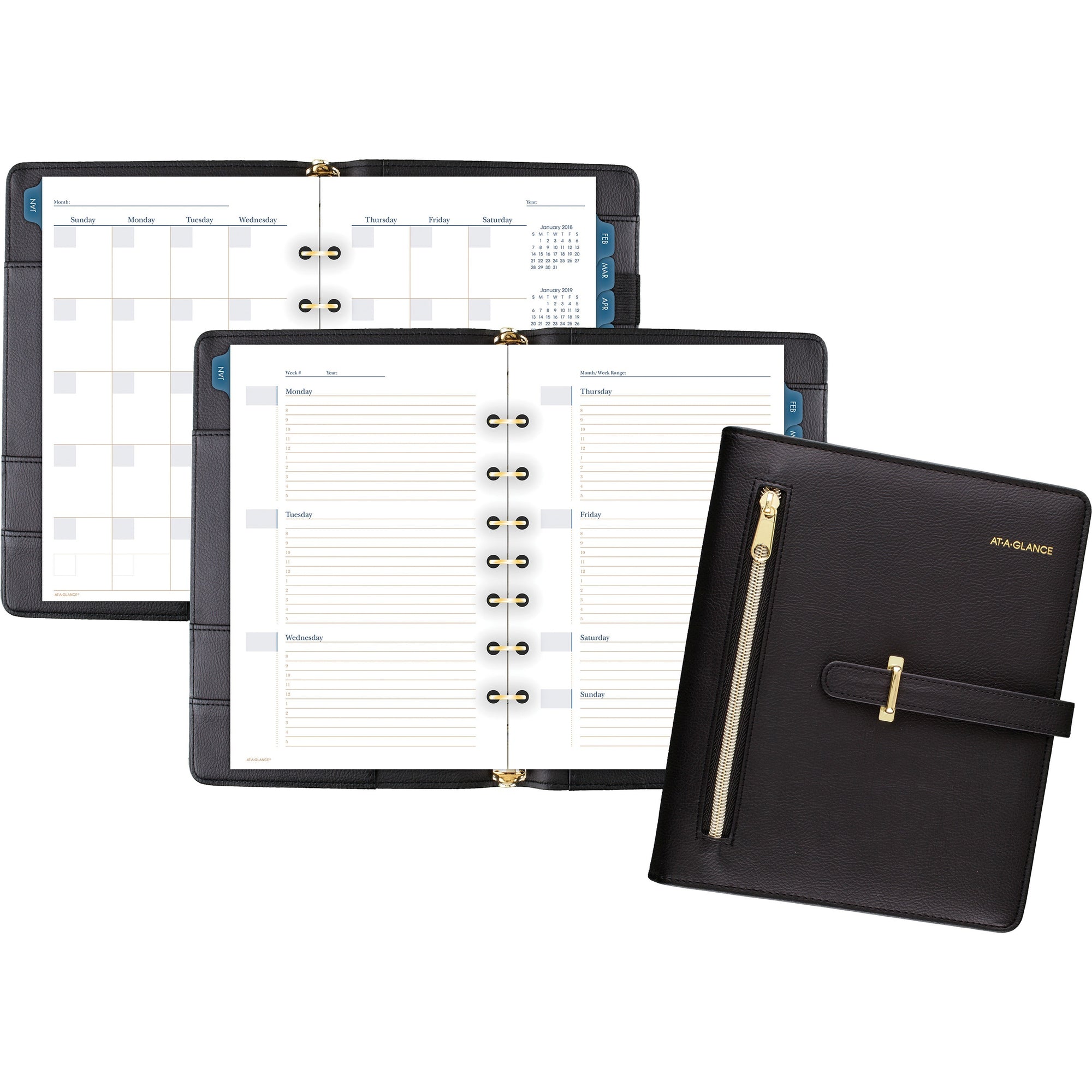 At-A-Glance Buckle Closure Undated Desk Start Set - Julian Dates - Weekly, Monthly - 8:00 AM to 5:00 PM - 1 Month, 1 Week Double Page Layout - 5 1/2" x 8 1/2" Sheet Size - 7-ring - Buckle Closure - Desk - Black - Faux Leather - Reference Calendar, Ta