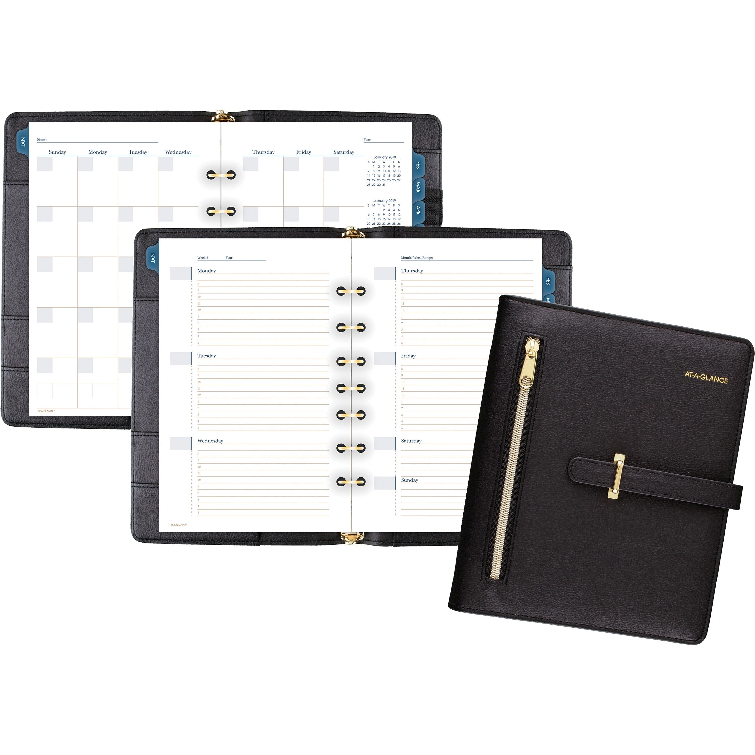 At-A-Glance Buckle Closure Undated Desk Start Set - Julian Dates - Weekly, Monthly - 8:00 AM to 5:00 PM - 1 Month, 1 Week Double Page Layout - 5 1/2" x 8 1/2" Sheet Size - 7-ring - Buckle Closure - Desk - Black - Faux Leather - Reference Calendar, Ta