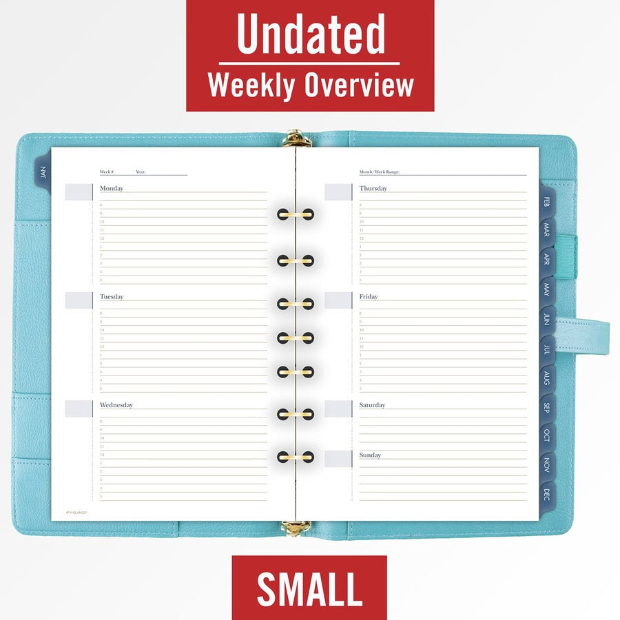 At-A-Glance Buckle Closure Undated Desk Start Set - Julian Dates - Weekly, Monthly - 8:00 AM to 5:00 PM - 1 Month, 1 Week Double Page Layout - 5 1/2" x 8 1/2" Sheet Size - 7-ring - Buckle Closure - Desk - Teal - Faux Leather - Reference Calendar, Tab - 7