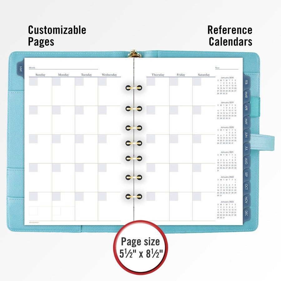 At-A-Glance Buckle Closure Undated Desk Start Set - Julian Dates - Weekly, Monthly - 8:00 AM to 5:00 PM - 1 Month, 1 Week Double Page Layout - 5 1/2" x 8 1/2" Sheet Size - 7-ring - Buckle Closure - Desk - Teal - Faux Leather - Reference Calendar, Tab - 8