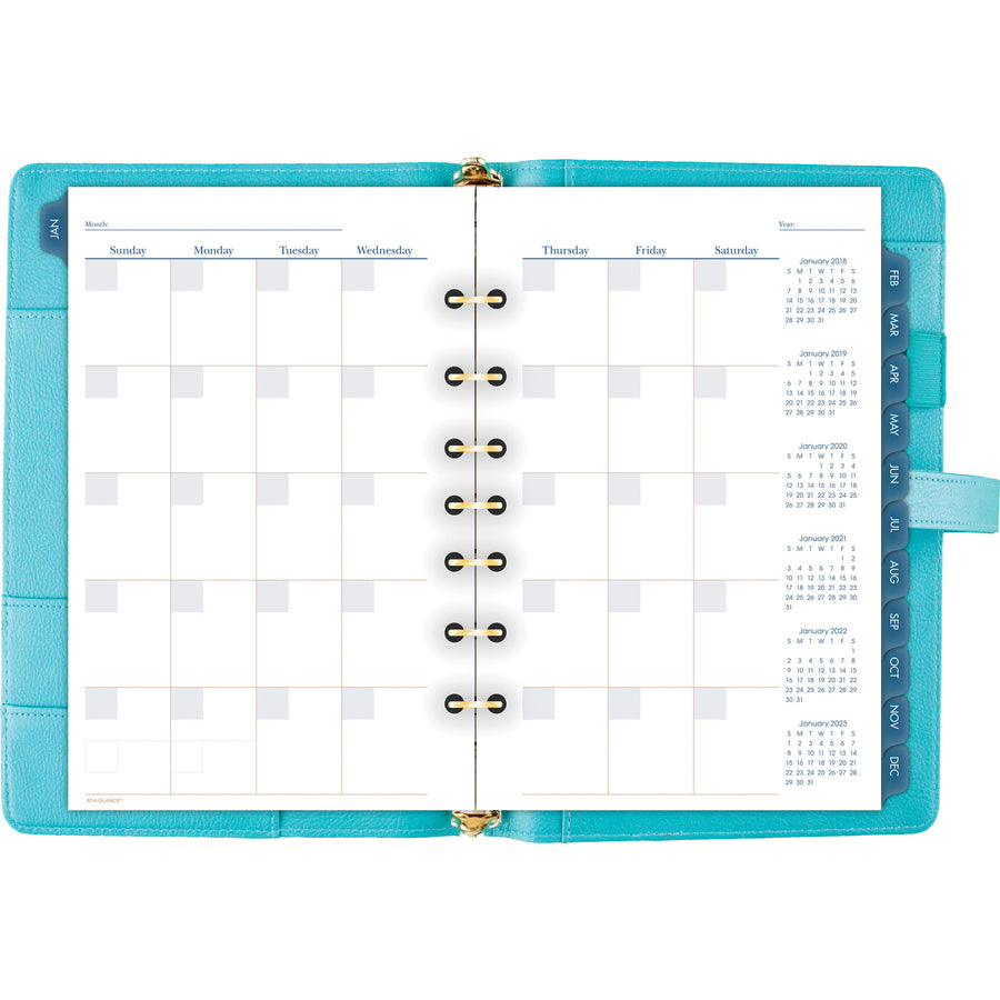 At-A-Glance Buckle Closure Undated Desk Start Set - Julian Dates - Weekly, Monthly - 8:00 AM to 5:00 PM - 1 Month, 1 Week Double Page Layout - 5 1/2" x 8 1/2" Sheet Size - 7-ring - Buckle Closure - Desk - Teal - Faux Leather - Reference Calendar, Tab - 4