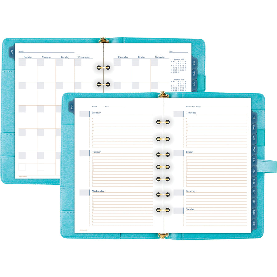At-A-Glance Buckle Closure Undated Desk Start Set - Julian Dates - Weekly, Monthly - 8:00 AM to 5:00 PM - 1 Month, 1 Week Double Page Layout - 5 1/2" x 8 1/2" Sheet Size - 7-ring - Buckle Closure - Desk - Teal - Faux Leather - Reference Calendar, Tab - 5