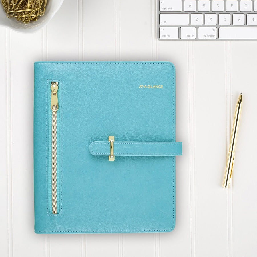 At-A-Glance Buckle Closure Undated Desk Start Set - Julian Dates - Weekly, Monthly - 8:00 AM to 5:00 PM - 1 Month, 1 Week Double Page Layout - 5 1/2" x 8 1/2" Sheet Size - 7-ring - Buckle Closure - Desk - Teal - Faux Leather - Reference Calendar, Tab - 6