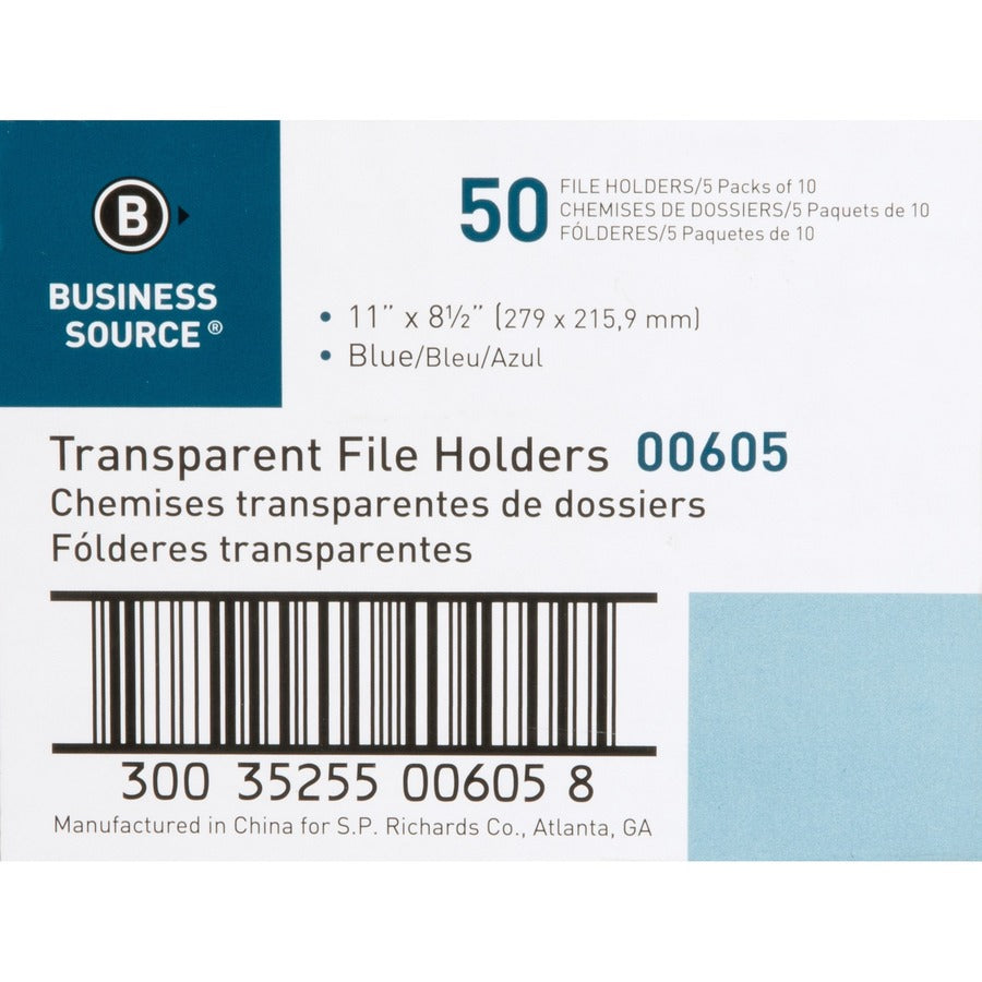 Business Source Letter File Sleeve - 8 1/2" x 11" - 20 Sheet Capacity - Blue - 50 / Box