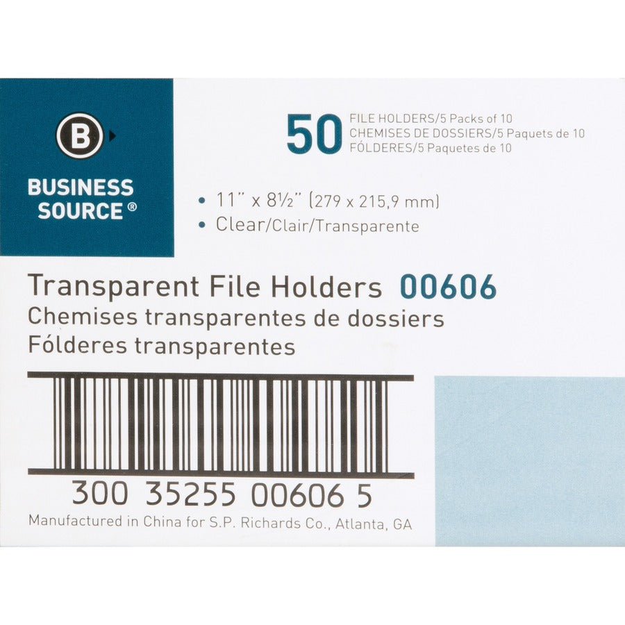 Business Source Letter File Sleeve - 8 1/2" x 11" - 20 Sheet Capacity - Clear - 50 / Box