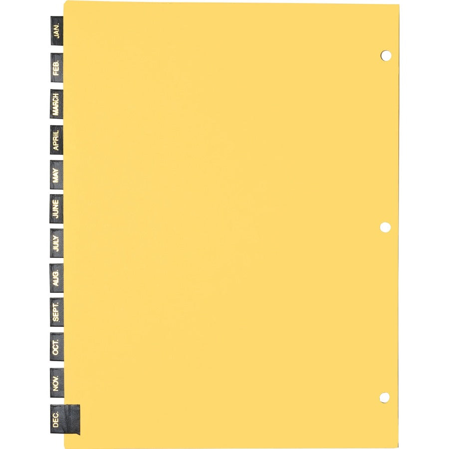 Business Source Monthly Black Leather Tab Index Dividers - 12 Printed Tab(s) - Month - January-December - 8.5" Divider Width x 11" Divider Length - Letter - 3 Hole Punched - Buff Paper Divider - Black Leather Tab(s) - Recycled - 12 / Set