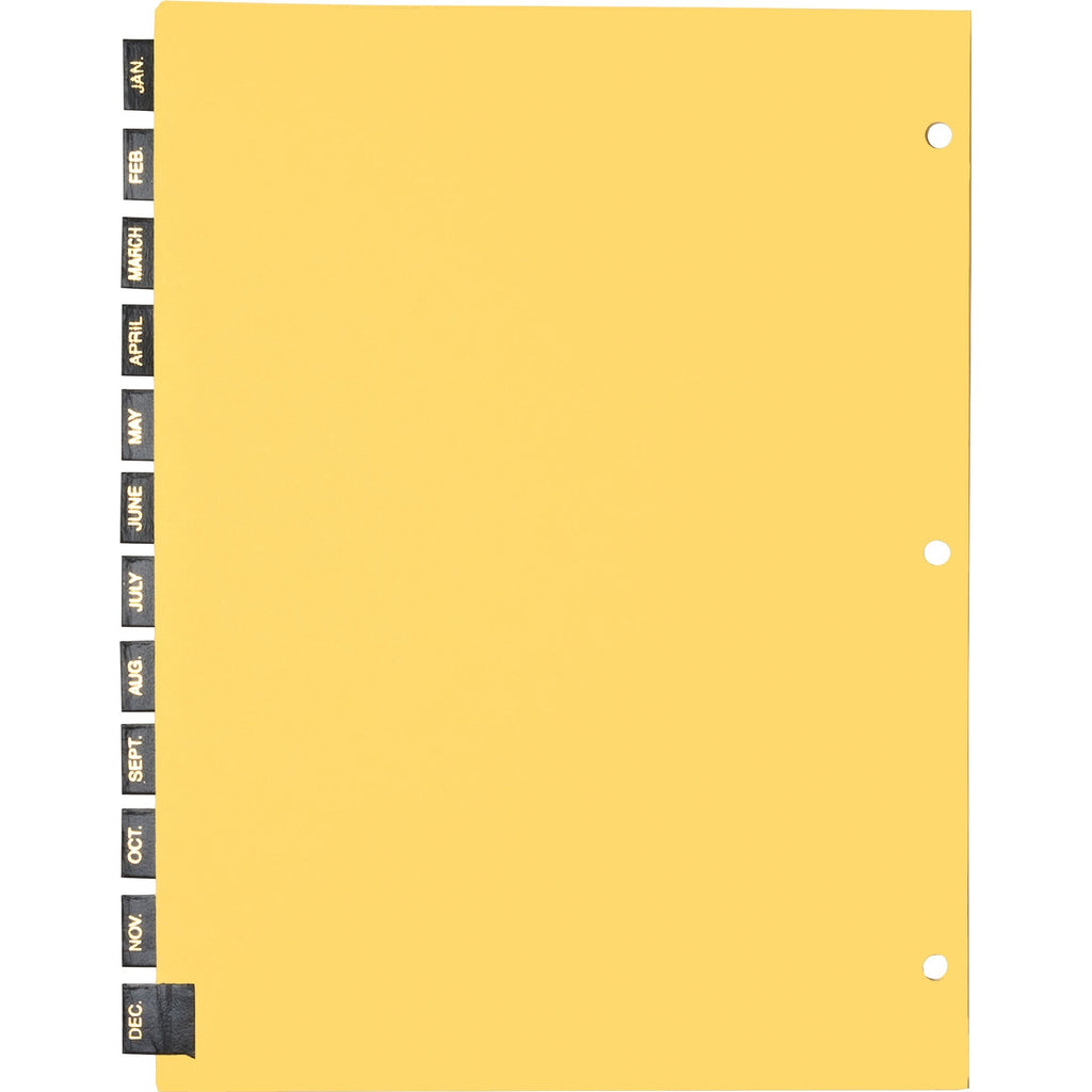 business-source-monthly-black-leather-tab-index-dividers-12-printed-tabs-month-january-december-85-divider-width-x-11-divider-length-letter-3-hole-punched-buff-paper-divider-black-leather-tabs-recycled-12-set_bsn01183 - 2