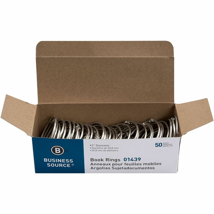 Business Source Standard Book Rings - 2" Diameter - Silver - Nickel Plated - 50 / Box