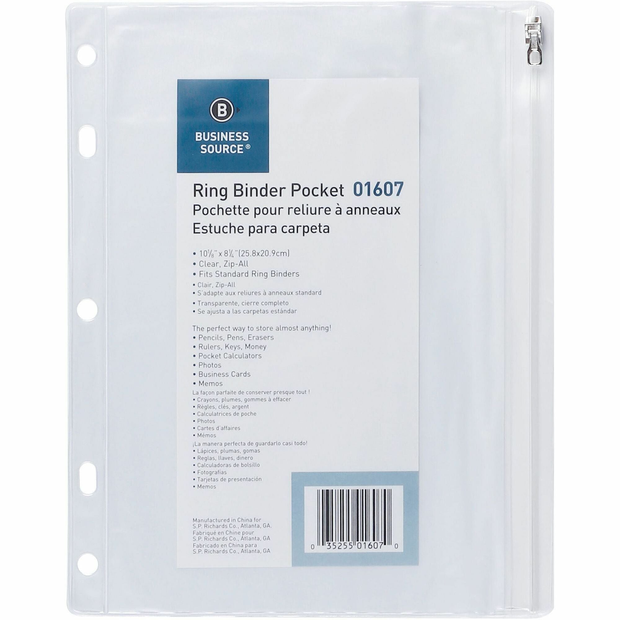 Business Source Punched Economy Binder Pocket - 10" Height x 8" Width - 7 x Holes - Ring Binder - Clear - Plastic - 1 Each - 1