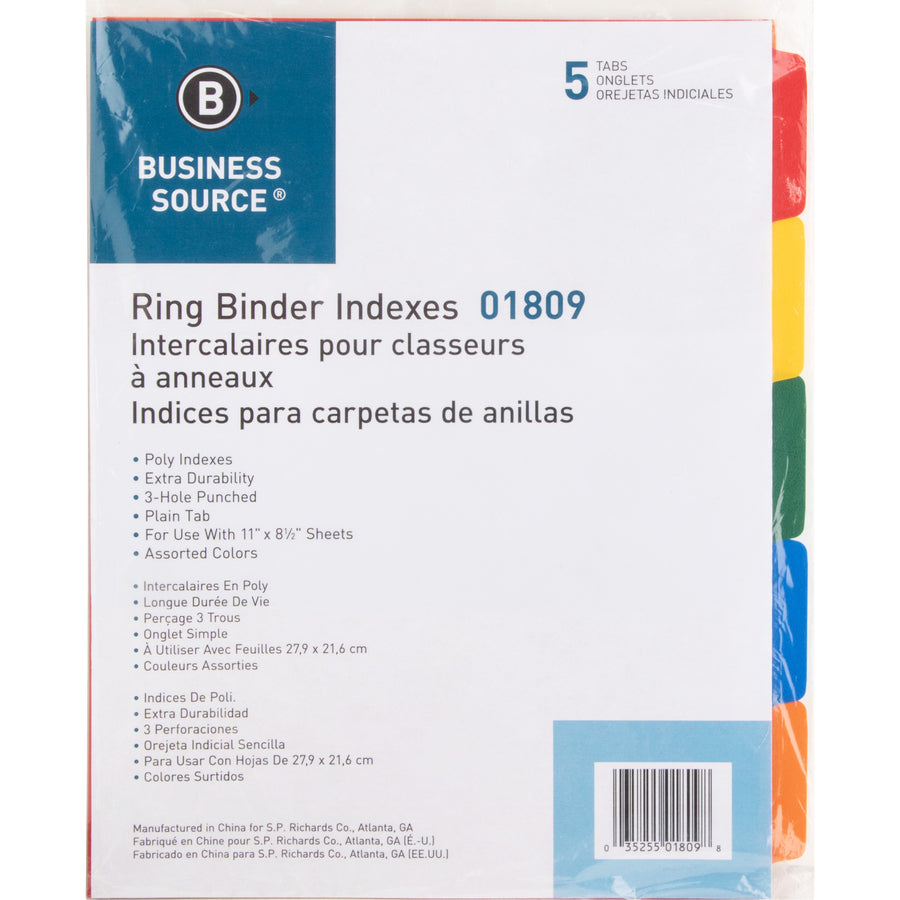 business-source-plain-tab-color-polyethylene-index-dividers-blank-tabs-5-tabs-set-85-divider-width-x-11-divider-length-letter-3-hole-punched-red-polyethylene-yellow-green-blue-orange-divider-red-polyethylene-yellow-green-b_bsn01809 - 6