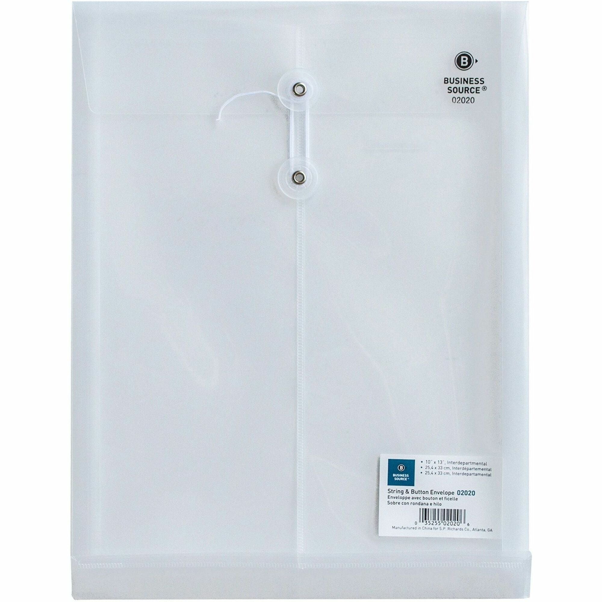 Business Source String Closure Top-open Poly Envelope - Inter-department - 10" Width x 13" Length - String/Button - 1 Each - Clear