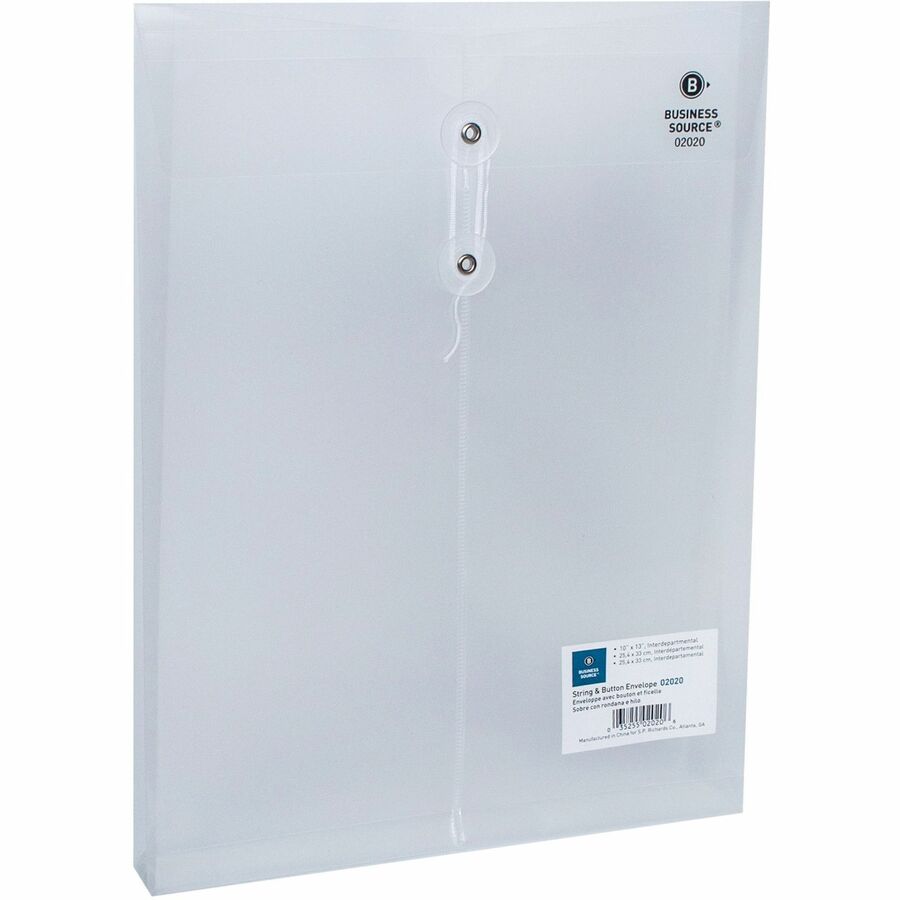 Business Source String Closure Top-open Poly Envelope - Inter-department - 10" Width x 13" Length - String/Button - 1 Each - Clear