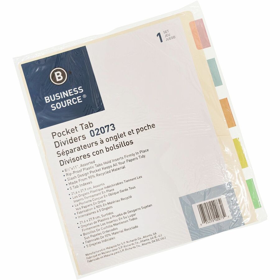 Business Source Color Tab Pocket Binder Dividers - Blank Tab(s) - 5 Tab(s)/Set - 9" Divider Width x 11" Divider Length - Letter - 8.50" Width x 11" Length - Buff Buff Paper Divider - Assorted Tab(s) - 5 / Set