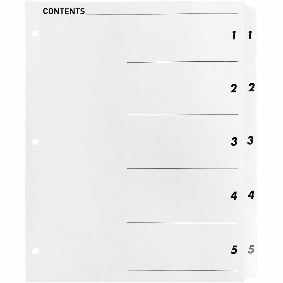 Business Source Table of Content Quick Index Dividers - Printed Tab(s) - Digit - 1-5 - 5 Tab(s)/Set - 8.5" Divider Width x 11" Divider Length - 3 Hole Punched - White Divider - White Mylar Tab(s) - 5 / Set