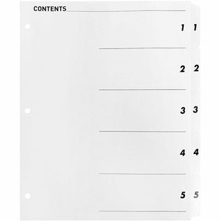 Business Source Table of Content Quick Index Dividers - Printed Tab(s) - Digit - 1-5 - 5 Tab(s)/Set - 8.5" Divider Width x 11" Divider Length - 3 Hole Punched - White Divider - White Mylar Tab(s) - 5 / Set