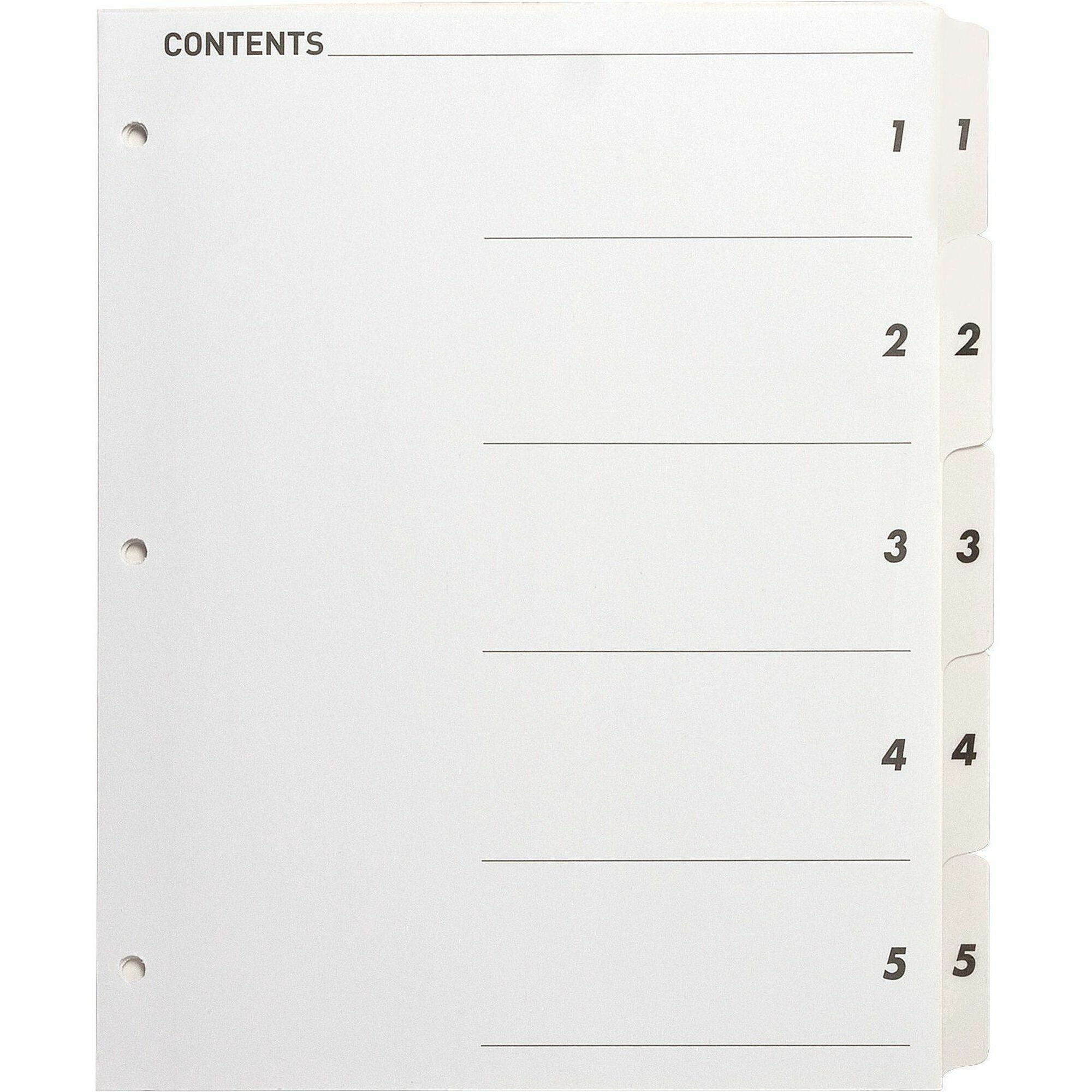 Business Source Table of Content Quick Index Dividers - Printed Tab(s) - Digit - 1-5 - 5 Tab(s)/Set - 8.5" Divider Width x 11" Divider Length - 3 Hole Punched - White Divider - White Mylar Tab(s) - 5 / Set