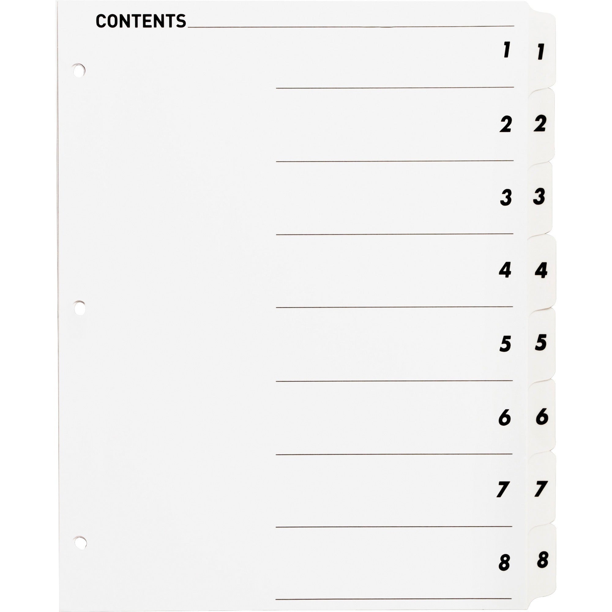 Business Source Table of Content Quick Index Dividers - Printed Tab(s) - Digit - 1-8 - 8 Tab(s)/Set - 8.5" Divider Width x 11" Divider Length - 3 Hole Punched - White Divider - White Mylar Tab(s) - 8 / Set