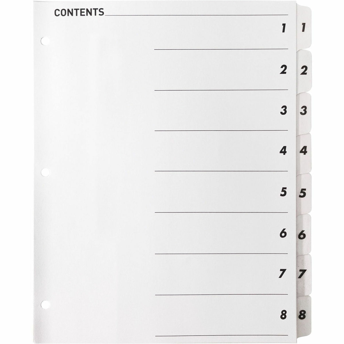 Business Source Table of Content Quick Index Dividers - Printed Tab(s) - Digit - 1-8 - 8 Tab(s)/Set - 8.5" Divider Width x 11" Divider Length - 3 Hole Punched - White Divider - White Mylar Tab(s) - 8 / Set