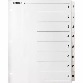 Business Source Table of Content Quick Index Dividers - Printed Tab(s) - Digit - 1-8 - 8 Tab(s)/Set - 8.5" Divider Width x 11" Divider Length - 3 Hole Punched - White Divider - White Mylar Tab(s) - 8 / Set