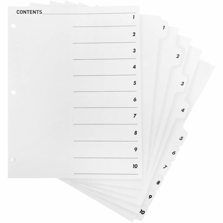 Business Source Table of Content Quick Index Dividers - Printed Tab(s) - Digit - 1-10 - 10 Tab(s)/Set - 8.5" Divider Width x 11" Divider Length - 3 Hole Punched - White Divider - White Mylar Tab(s) - 10 / Set