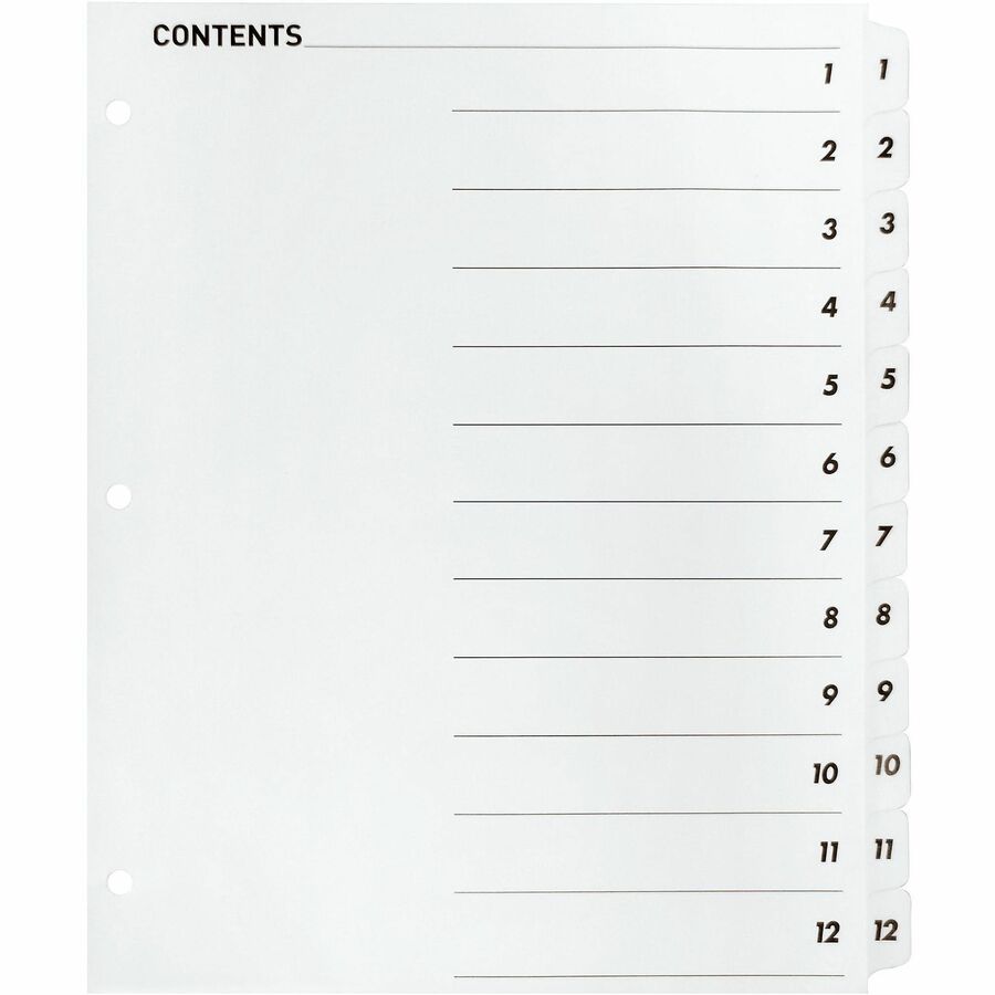 Business Source Table of Content Quick Index Dividers - Printed Tab(s) - Digit - 1-12 - 12 Tab(s)/Set - 8.5" Divider Width x 11" Divider Length - 3 Hole Punched - White Divider - White Mylar Tab(s) - 12 / Set