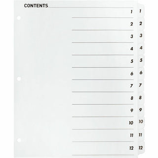 Business Source Table of Content Quick Index Dividers - Printed Tab(s) - Digit - 1-12 - 12 Tab(s)/Set - 8.5" Divider Width x 11" Divider Length - 3 Hole Punched - White Divider - White Mylar Tab(s) - 12 / Set