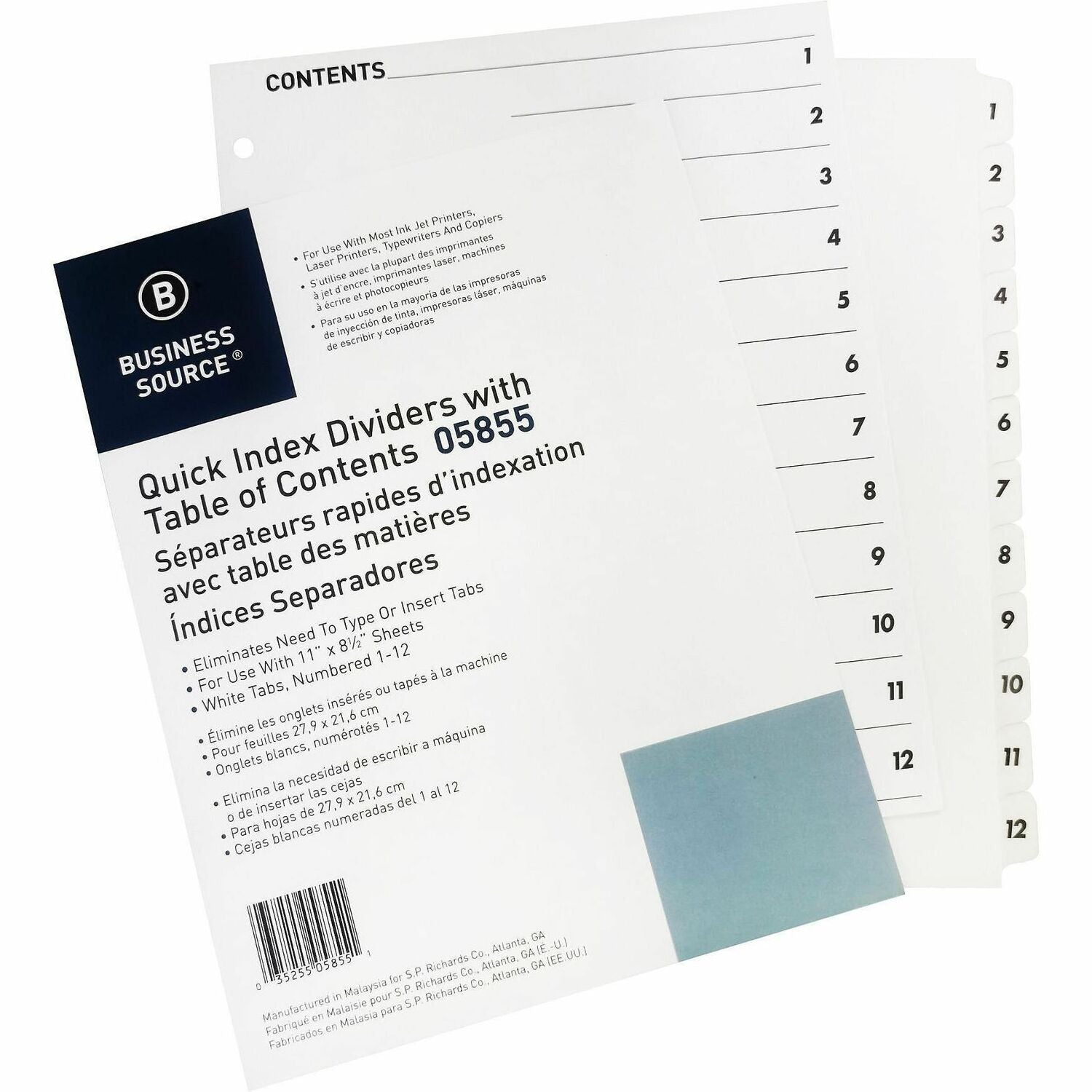 Business Source Table of Content Quick Index Dividers - Printed Tab(s) - Digit - 1-12 - 12 Tab(s)/Set - 8.5" Divider Width x 11" Divider Length - 3 Hole Punched - White Divider - White Mylar Tab(s) - 12 / Set