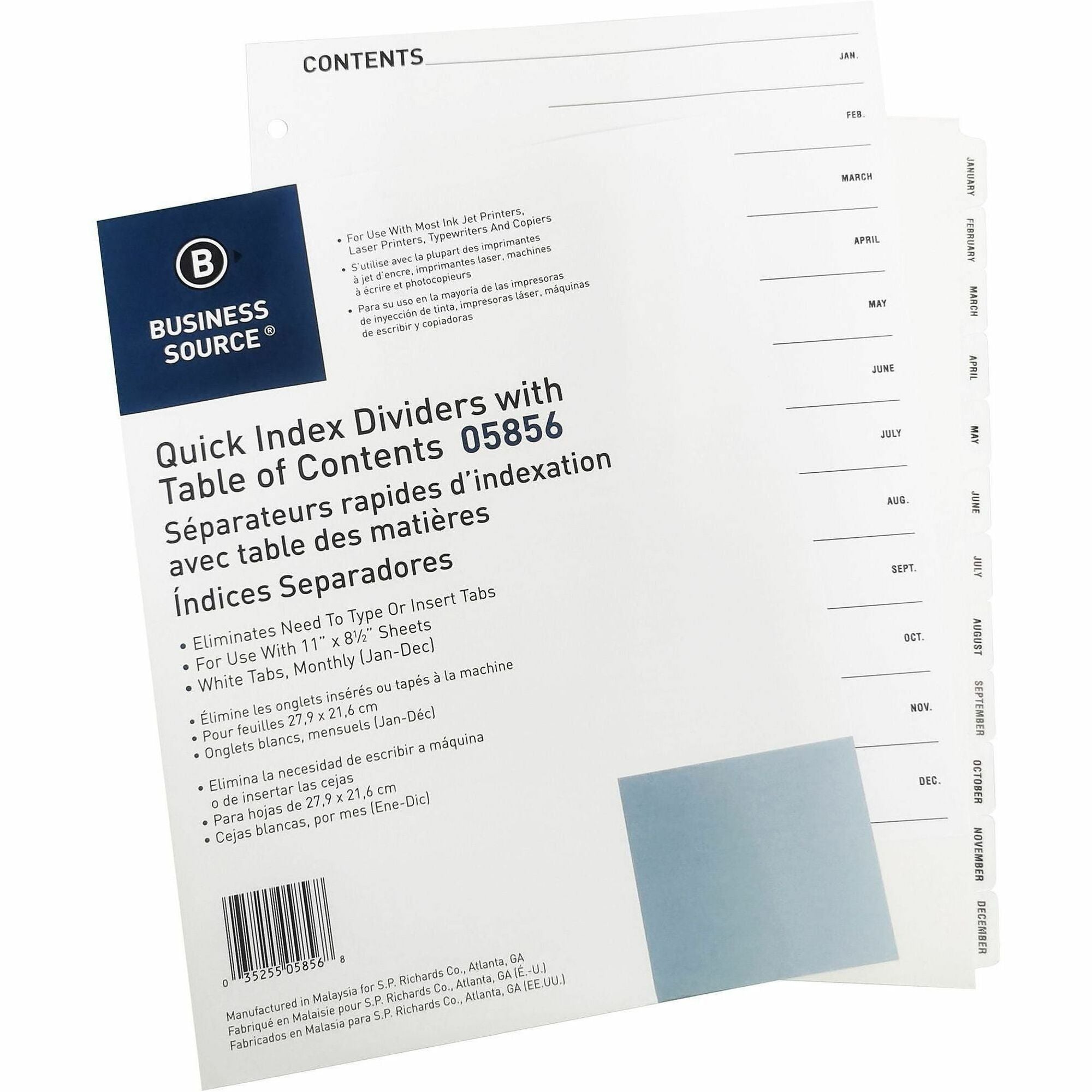 Business Source Jan-Dec Monthly Table of Contents Index Dividers - Printed Tab(s) - Month - January-December - 12 Tab(s)/Set - 8.5" Divider Width x 11" Divider Length - Letter - 3 Hole Punched - White Divider - White Mylar Tab(s) - 12 / Set