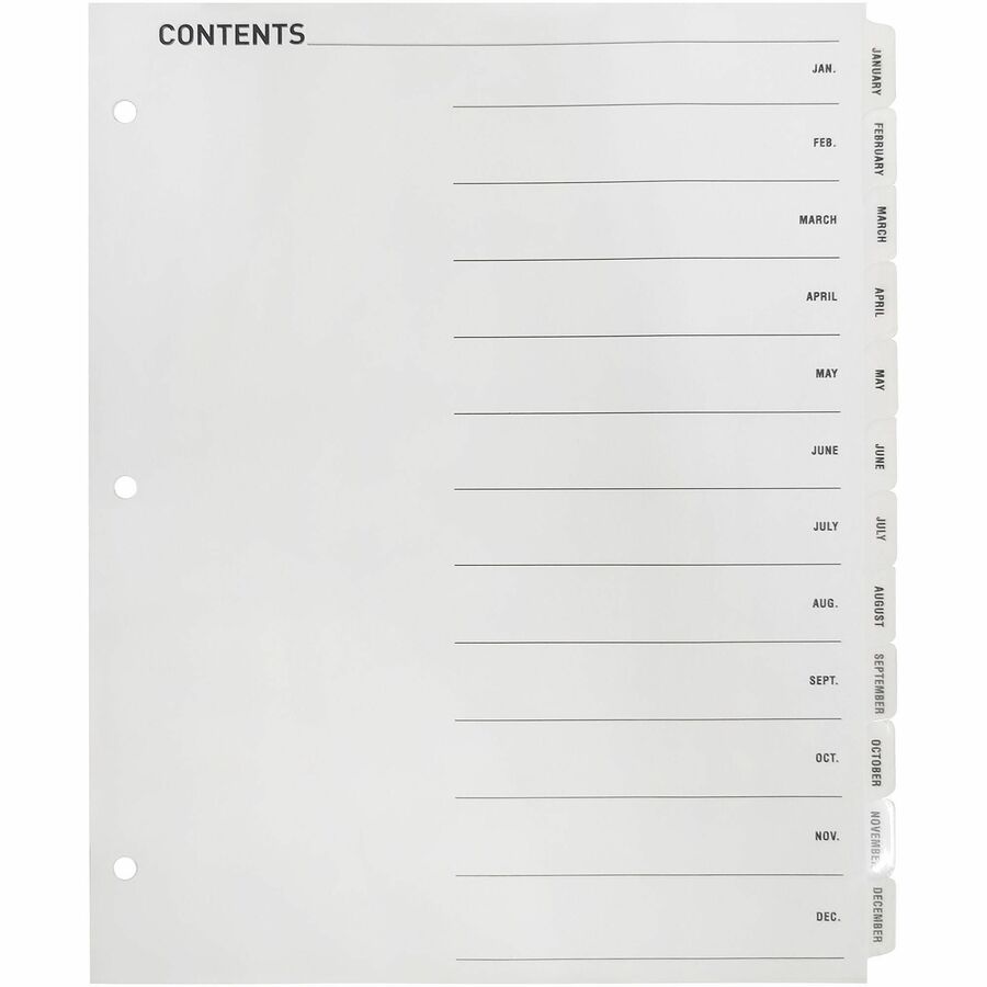 Business Source Jan-Dec Monthly Table of Contents Index Dividers - Printed Tab(s) - Month - January-December - 12 Tab(s)/Set - 8.5" Divider Width x 11" Divider Length - Letter - 3 Hole Punched - White Divider - White Mylar Tab(s) - 12 / Set