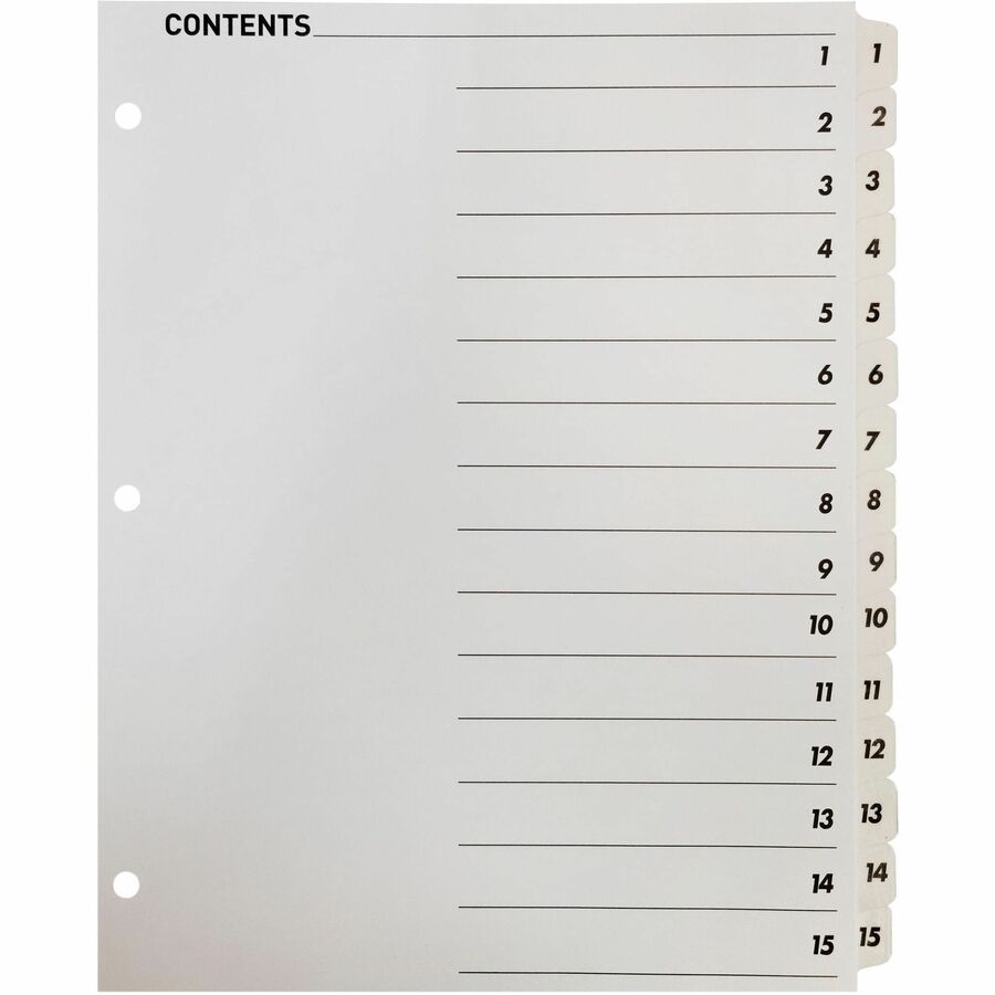 Business Source Table of Content Quick Index Dividers - Printed Tab(s) - Digit - 1-15 - 15 Tab(s)/Set - 8.5" Divider Width x 11" Divider Length - 3 Hole Punched - White Divider - White Mylar Tab(s) - 15 / Set
