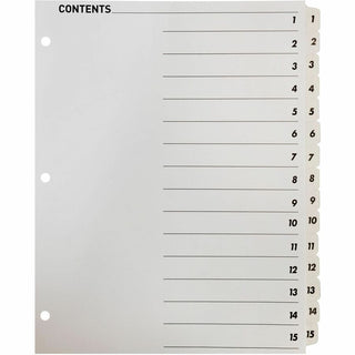Business Source Table of Content Quick Index Dividers - Printed Tab(s) - Digit - 1-15 - 15 Tab(s)/Set - 8.5" Divider Width x 11" Divider Length - 3 Hole Punched - White Divider - White Mylar Tab(s) - 15 / Set