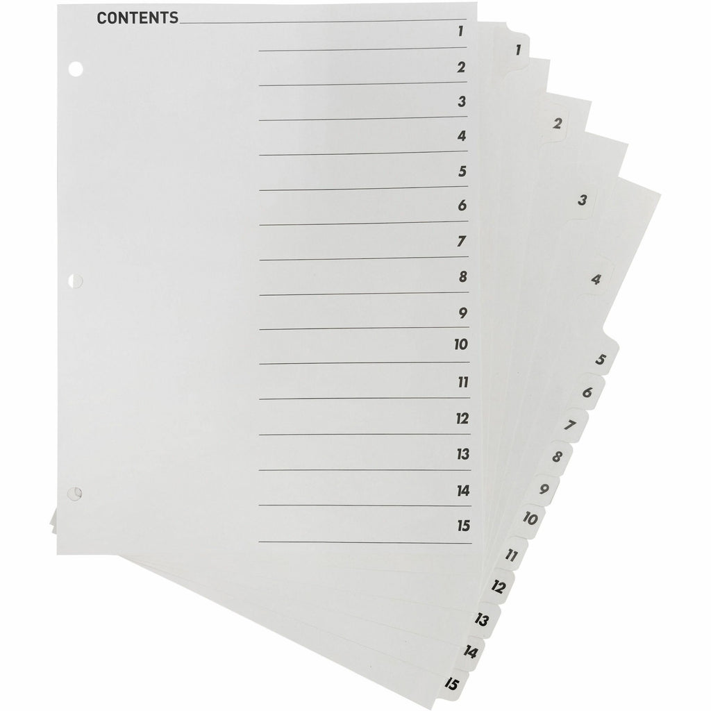 Business Source Table of Content Quick Index Dividers - Printed Tab(s) - Digit - 1-15 - 15 Tab(s)/Set - 8.5" Divider Width x 11" Divider Length - 3 Hole Punched - White Divider - White Mylar Tab(s) - 15 / Set