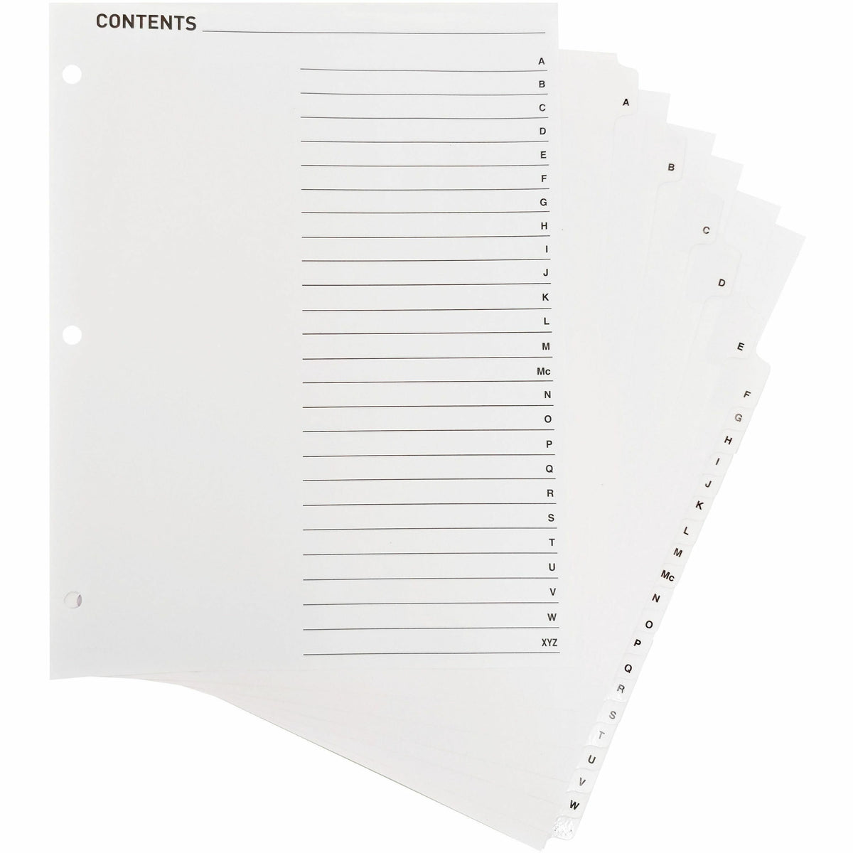 Business Source A-Z Tab Table of Contents Index Dividers - Printed Tab(s) - Character - A-Z - 25 Tab(s)/Set - 8.5" Divider Width x 11" Divider Length - Letter - 3 Hole Punched - White Divider - White Mylar Tab(s) - 25 / Set